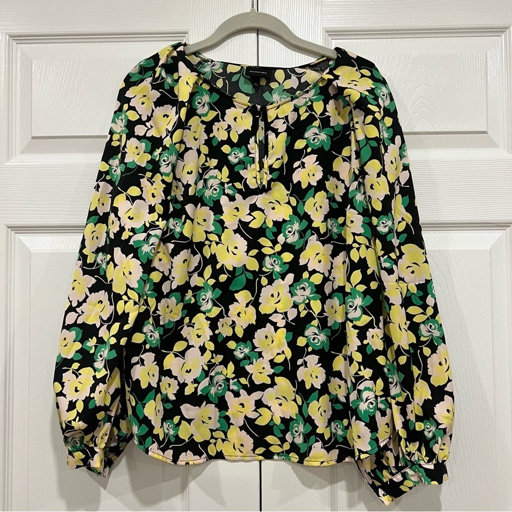 WHO WHAT WEAR Balloon Long Sleeve Keyhole Top Black Green Floral Womens Large